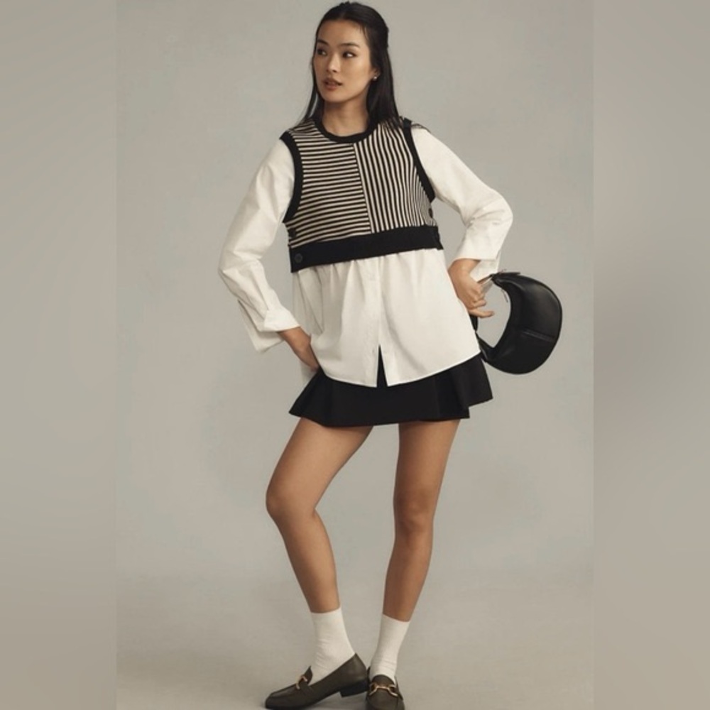 Maeve Black and White Button Down Shirt